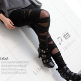 Black Patchwork Grenadine Solid Color Athleisure Yoga Bandage Tie Mesh Turnout Sock Leggings