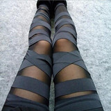 Black Patchwork Grenadine Solid Color Athleisure Yoga Bandage Tie Mesh Turnout Sock Leggings