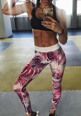 Black Floral Print Elastic Waist Sports Dacron Long Leggings