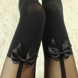 Black Tattoo Mock Bow Suspender Sheer Stockings Cute Thigh High Pantyhose Leggings