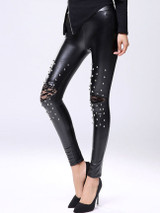Casual Patchwork Rivet Plain Mid-Rise Legging