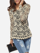 Casual Round Neck Lace Hollow Out Lace Patchwork Long-sleeve-t-shirt