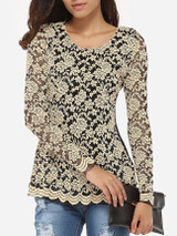Casual Round Neck Lace Hollow Out Lace Patchwork Long-sleeve-t-shirt