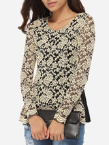 Casual Round Neck Lace Hollow Out Lace Patchwork Long-sleeve-t-shirt