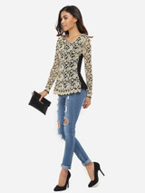 Casual Round Neck Lace Hollow Out Lace Patchwork Long-sleeve-t-shirt