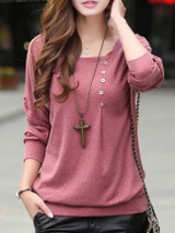 Casual Designed Round Neck Batwing Plain Long-sleeve-t-shirt Casual Designed Round Neck Batwing Plain Long-sleeve-t-shirt
