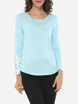 Casual Lace Plain Exquisite Round Neck Long-sleeve-t-shirt