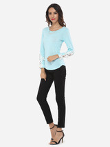 Casual Lace Plain Exquisite Round Neck Long-sleeve-t-shirt
