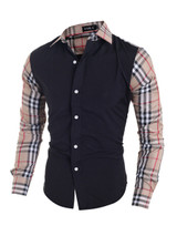 Casual Mens Single Breasted Patchwork Plaid Blouse