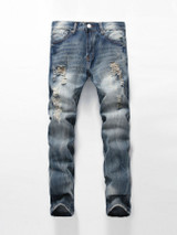 Casual Ripped Light Wash Slim-Leg Mid-Rise Men's Jean