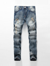 Casual Ripped Light Wash Slim-Leg Mid-Rise Men's Jean