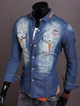 Casual Color Block Gradient Pocket Small Lapel Denim Shirt
