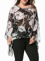 Casual Asymmetric Hem Floral Hollow Out Chiffon Plus Size Blouse