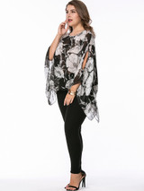 Casual Asymmetric Hem Floral Hollow Out Chiffon Plus Size Blouse