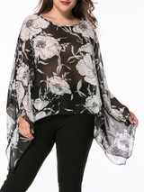 Casual Asymmetric Hem Floral Hollow Out Chiffon Plus Size Blouse
