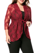 Casual See-Through Lace Plain Plus Size Blouse