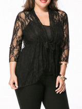 Casual See-Through Lace Plain Plus Size Blouse