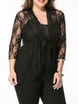 Casual See-Through Lace Plain Plus Size Blouse