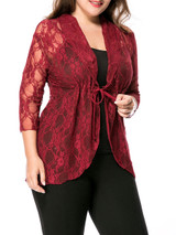 Casual See-Through Lace Plain Plus Size Blouse