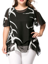 Casual Asymmetric Hem Hollow Out Printed Cape Sleeve Plus Size Blouse Casual Asymmetric Hem Hollow Out Printed Cape Sleeve Plus Size Blouse