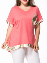 Casual V-Neck Contrast Trim Patch Pocket Plus Size T-Shirt