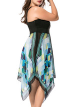 Casual Spaghetti Strap Empire Asymmetric Hem Geometric Plus Size Flared Dress