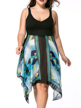 Casual Spaghetti Strap Empire Asymmetric Hem Geometric Plus Size Flared Dress