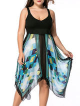 Casual Spaghetti Strap Empire Asymmetric Hem Geometric Plus Size Flared Dress