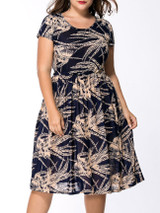 Casual Round Neck Drawstring Printed Extraordinary Midi Plus Size Flared Dress