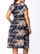 Casual Round Neck Drawstring Printed Extraordinary Midi Plus Size Flared Dress