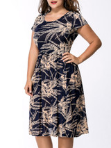 Casual Round Neck Drawstring Printed Extraordinary Midi Plus Size Flared Dress