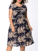 Casual Round Neck Drawstring Printed Extraordinary Midi Plus Size Flared Dress