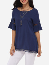 Casual Mandarin Sleeve Round Neck Linen Hollow Out Plain Short-sleeve-t-shirt Casual Mandarin Sleeve Round Neck Linen Hollow Out Plain Short-sleeve-t-shirt