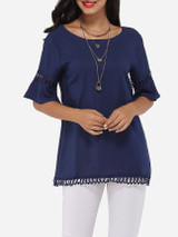 Casual Mandarin Sleeve Round Neck Linen Hollow Out Plain Short-sleeve-t-shirt Casual Mandarin Sleeve Round Neck Linen Hollow Out Plain Short-sleeve-t-shirt
