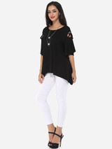 Casual Hollow Out Plain Asymmetrical Hems Exquisite Round Neck Short-sleeve-t-shirt