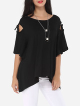 Casual Hollow Out Plain Asymmetrical Hems Exquisite Round Neck Short-sleeve-t-shirt Casual Hollow Out Plain Asymmetrical Hems Exquisite Round Neck Short-sleeve-t-shirt