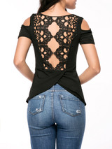 Casual Open Shoulder Hollow Out Plain Short Sleeve T-Shirt Casual Open Shoulder Hollow Out Plain Short Sleeve T-Shirt