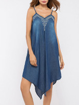 Casual Spaghetti Strap Embroidery Asymmetric Hem Denim Shift Dress