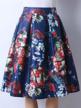 Casual Elastic Waist Inverted Pleat Printed Flared Midi Skirt