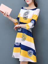 Casual Round Neck Printed Striped Skater Dress