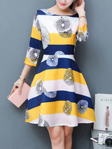 Casual Round Neck Printed Striped Skater Dress