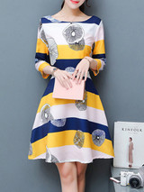 Casual Round Neck Printed Striped Skater Dress
