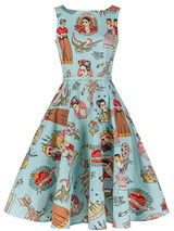Casual Dramatic Boat Neck Belt Cartoon Printed Skater Dress