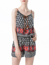 Casual Elastic Waist Spaghetti Strap Pocket Printed Romper