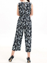 Casual Round Neck Patch Pocket Printed Wide-Leg Jumpsuit