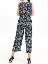 Casual Round Neck Patch Pocket Printed Wide-Leg Jumpsuit
