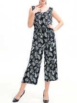 Casual Round Neck Patch Pocket Printed Wide-Leg Jumpsuit