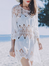 Casual Round Neck See-Through Crochet Lace Plain Tunic