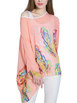 Casual Round Neck See-Through Printed Batwing Sleeve Tunic