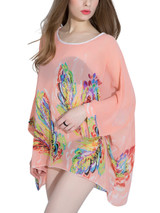 Casual Round Neck See-Through Printed Batwing Sleeve Tunic